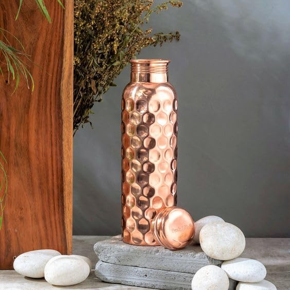 Mother Copperware Diamond Copper Bottle, 950 ml, 1 Piece, Copper | Leak Proof | Eco-Friendly | Office Bottle | Gym Bottle | Yoga Bottle | Home | Kitchen | Hiking | Travel Bottle