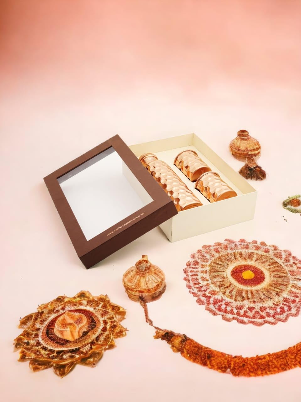 Mother Copperware Diamond Copper Bottle Gift Set with 2 Copper Glasses with Ayurvedic Health Benefits Used for Household and Gifting Purposes.