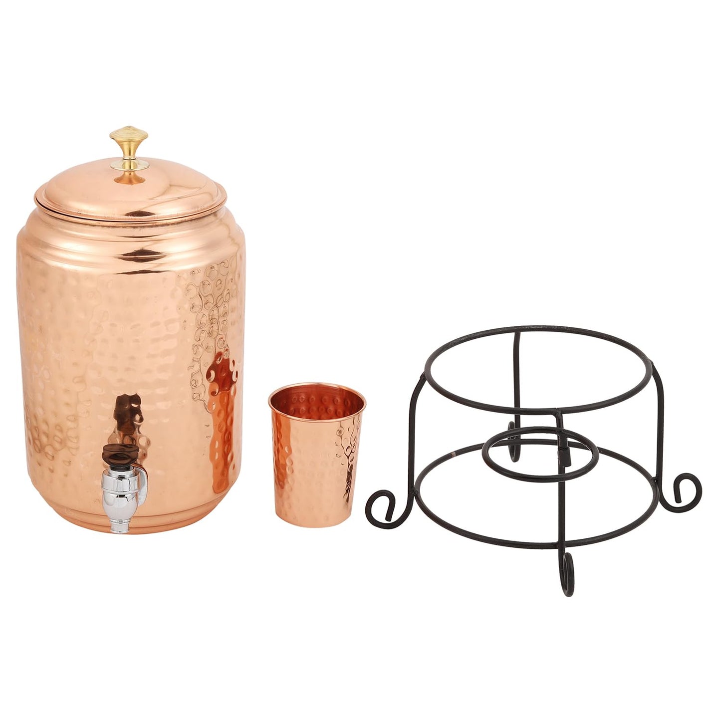 Mother Copperware Kempty Copper Water Pot 5 Litre Hammered Copper Water Dispenser (Matka) Container Pot with 1 Pure Copper Glasses Pure Copper and Ayurvedic Health Benefits.