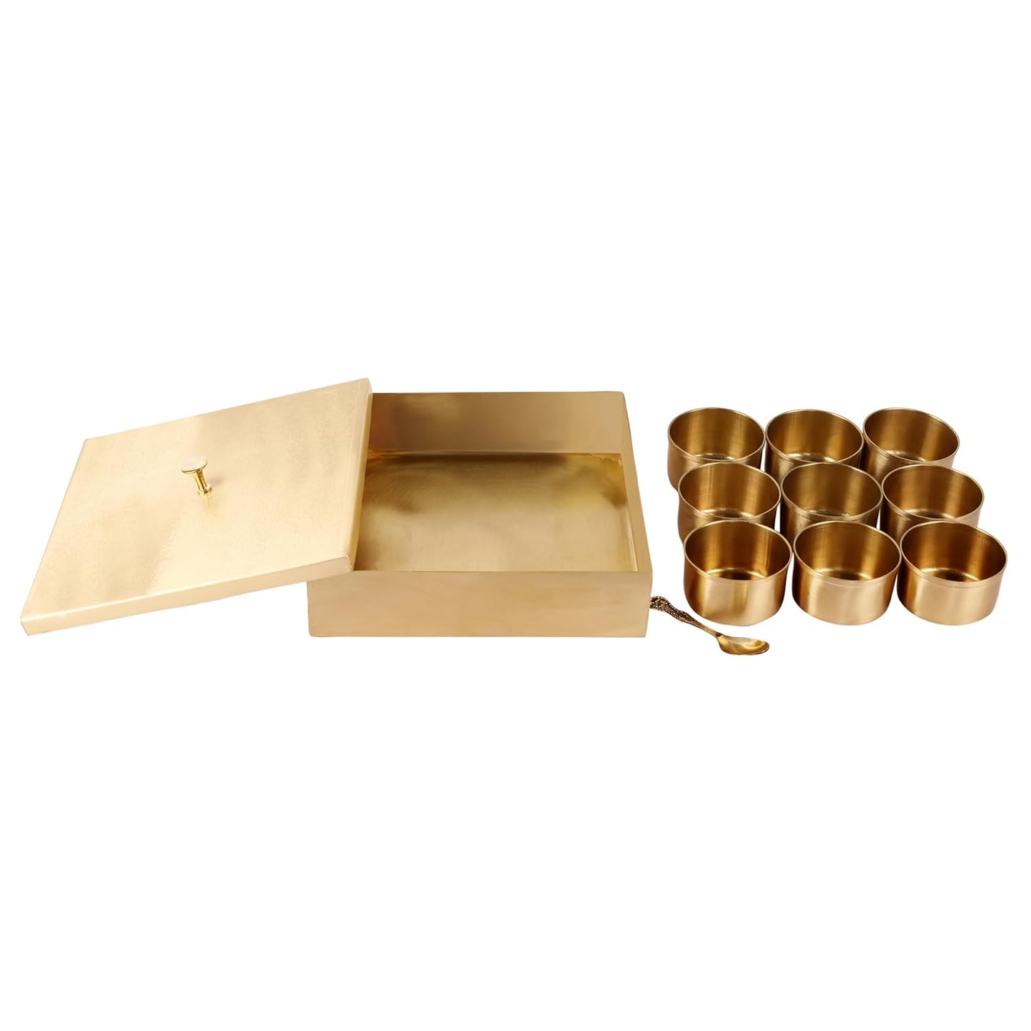 Mother copperware Bhojtal Brass Spice Box – Handcrafted Masala Dabba with 7 Containers (40ml Each) & Spoon | Traditional Brass Masala Box for Kitchen