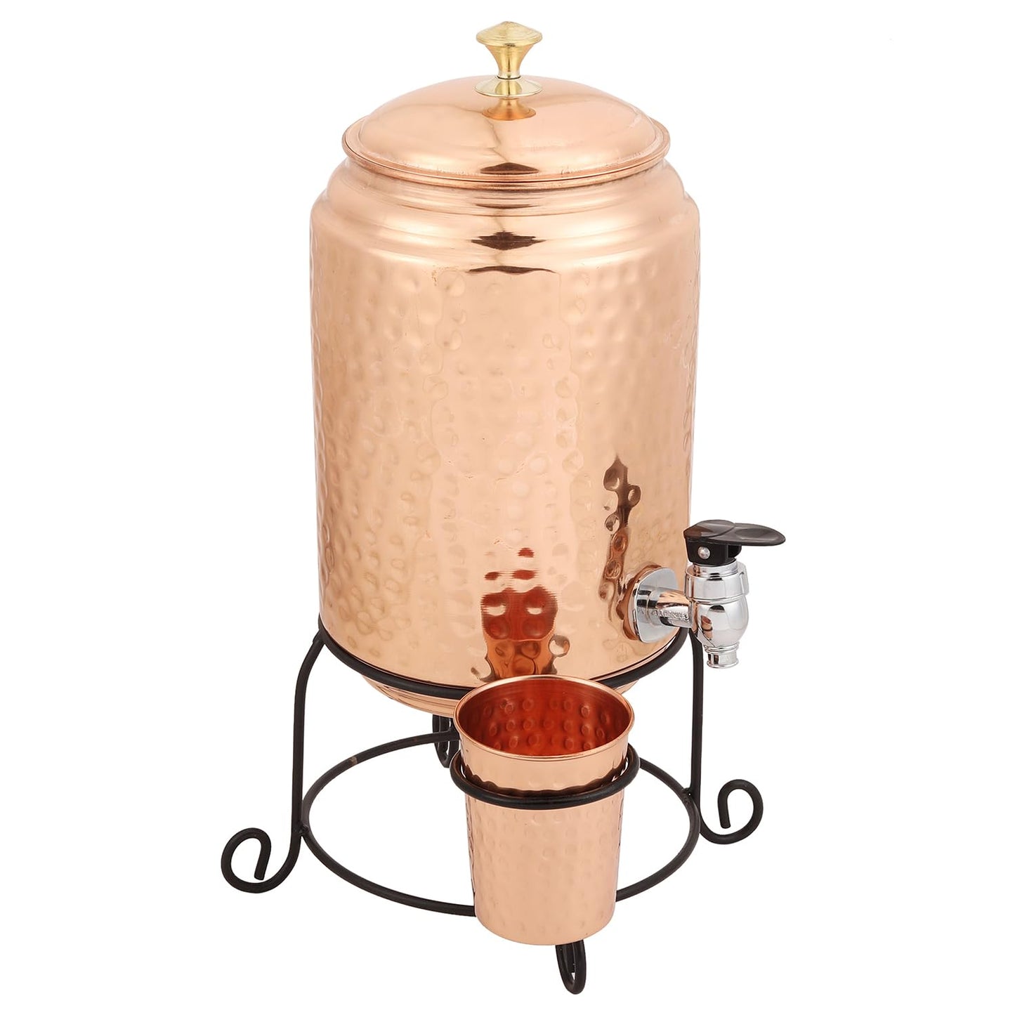 Mother Copperware Kempty Copper Water Pot 5 Litre Hammered Copper Water Dispenser (Matka) Container Pot with 1 Pure Copper Glasses Pure Copper and Ayurvedic Health Benefits.