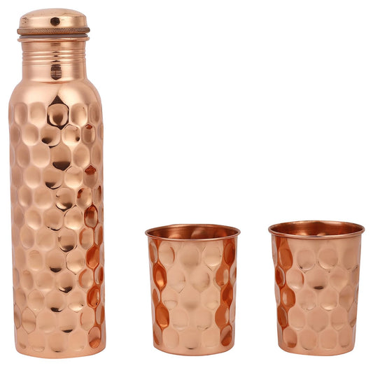 Mother Copperware Diamond Copper Bottle Gift Set with 2 Copper Glasses with Ayurvedic Health Benefits Used for Household and Gifting Purposes.