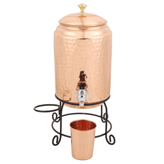 Mother Copperware Kempty Copper Water Pot 5 Litre Hammered Copper Water Dispenser (Matka) Container Pot with 1 Pure Copper Glasses Pure Copper and Ayurvedic Health Benefits.