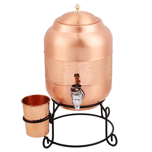 Mother Copperware 5 Litre Hammered Copper Water Dispenser (Matka) Container Pot with 1 Pure Copper Glasses Pure Copper and Ayurvedic Health Benefits