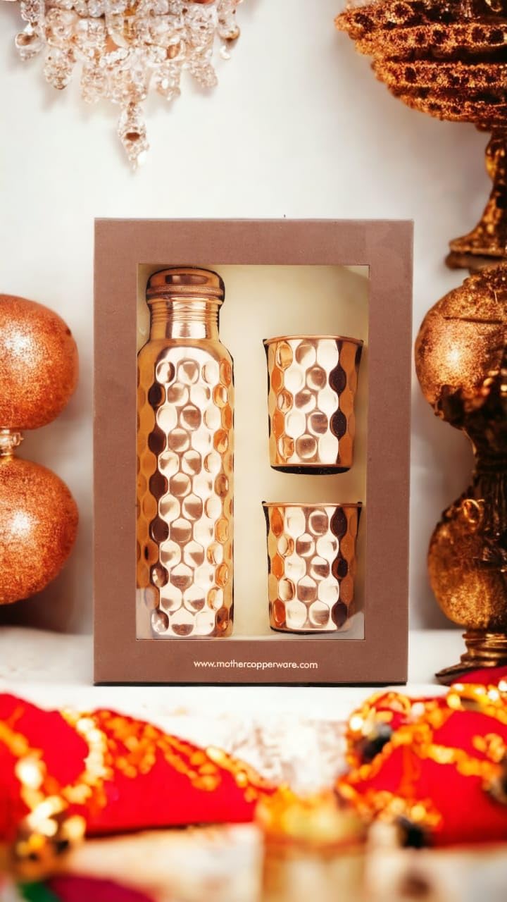 Mother Copperware Diamond Copper Bottle Gift Set with 2 Copper Glasses with Ayurvedic Health Benefits Used for Household and Gifting Purposes.