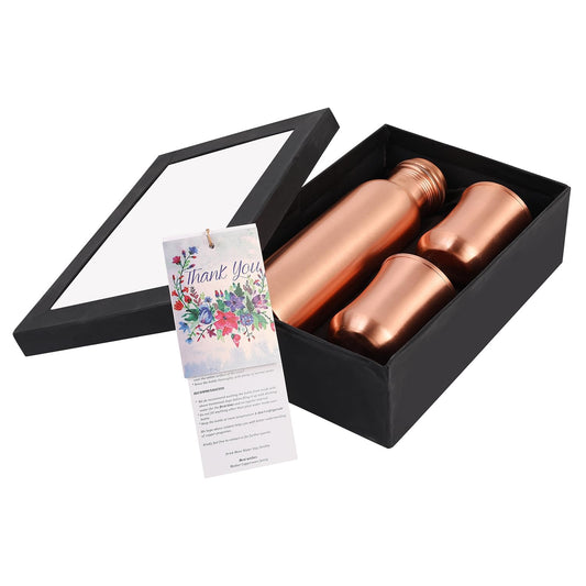 Mother Copperware Pure Copper Drinkware Gift Set of 1 Bottle & 2 Glass with Gift Box, Gift Item for Diwali, Birthdays & Parties, Bottle-1 Liters & Glass-300 ml (Curved Glass Bottle Gift Set)