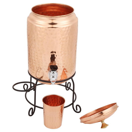 Mother Copperware Kempty Copper Water Pot 5 Litre Hammered Copper Water Dispenser (Matka) Container Pot with 1 Pure Copper Glasses Pure Copper and Ayurvedic Health Benefits.