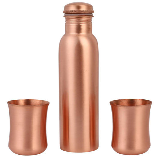 Mother Copperware Pure Copper Drinkware Gift Set of 1 Bottle & 2 Glass with Gift Box, Gift Item for Diwali, Birthdays & Parties, Bottle-1 Liters & Glass-300 ml (Curved Glass Bottle Gift Set)