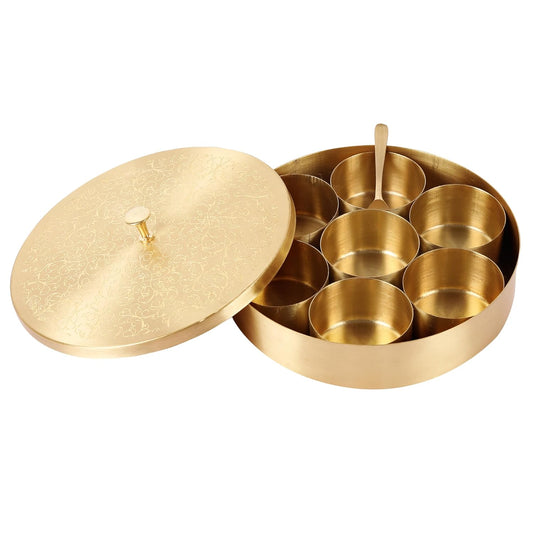 Mother copperware Chilika Brass Spice Box – Handcrafted Masala Dabba with 7 Containers (40ml Each) & Spoon | Traditional Brass Masala Box for Kitchen