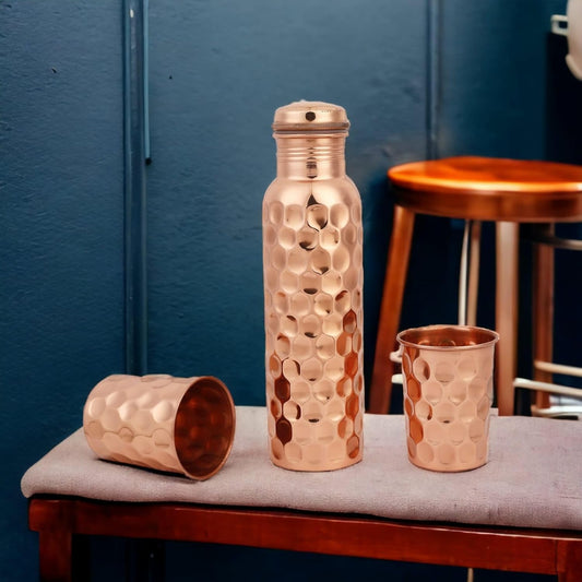 Mother Copperware Diamond Copper Bottle Gift Set with 2 Copper Glasses with Ayurvedic Health Benefits Used for Household and Gifting Purposes.