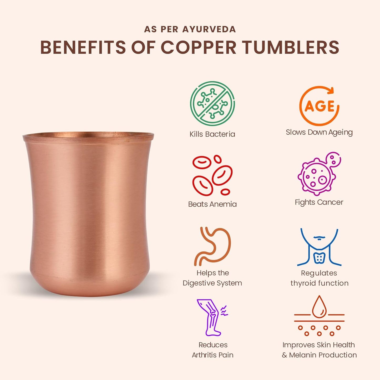 Mother Copperware Orinoco Pure Copper Tumbler Design Glass Set 2 Tumbler Cup with Lid, Drinking Serving Water, Yoga Ayurveda, Volume-275 ML.