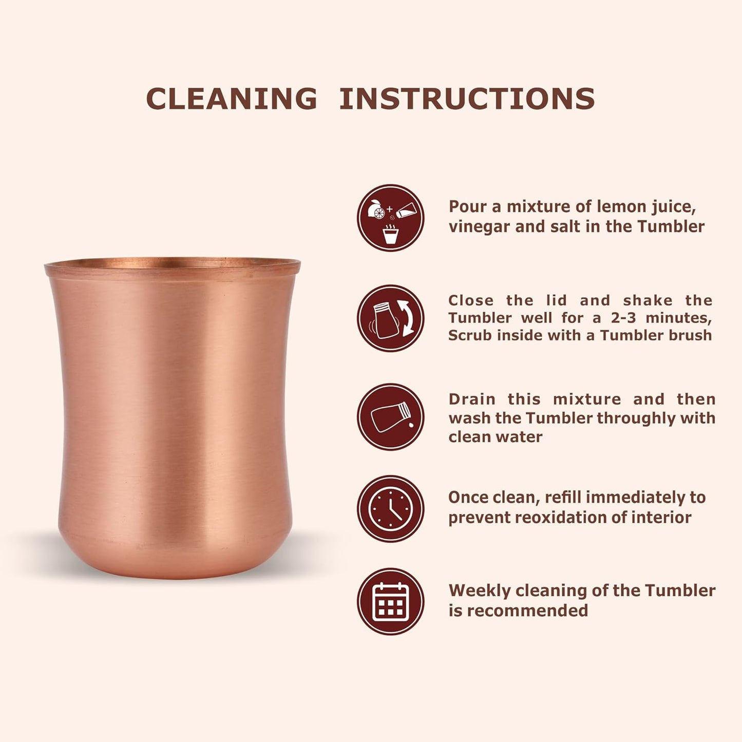 Mother Copperware Orinoco Pure Copper Tumbler Design Glass Set 2 Tumbler Cup with Lid, Drinking Serving Water, Yoga Ayurveda, Volume-275 ML.