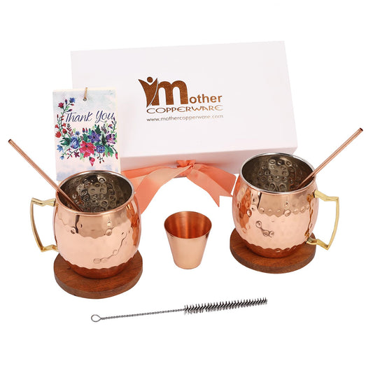 Mother Copperware Mugs Gift Set -500ml (4 Piece) - Leak-Proof, Ayurvedic Health Benefit Copper Mug Set. (2 Mugs Gift Set)