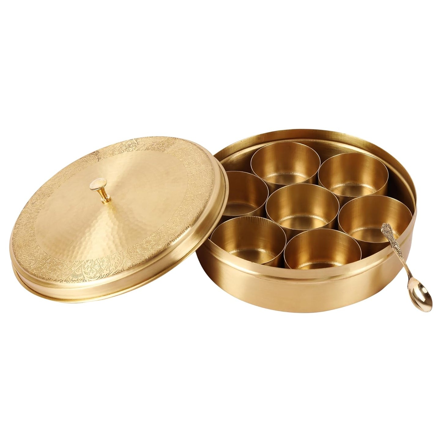 Mother copperware Pulikat Brass Spice Box – Handcrafted Masala Dabba with 7 Containers (40ml Each) & Spoon |