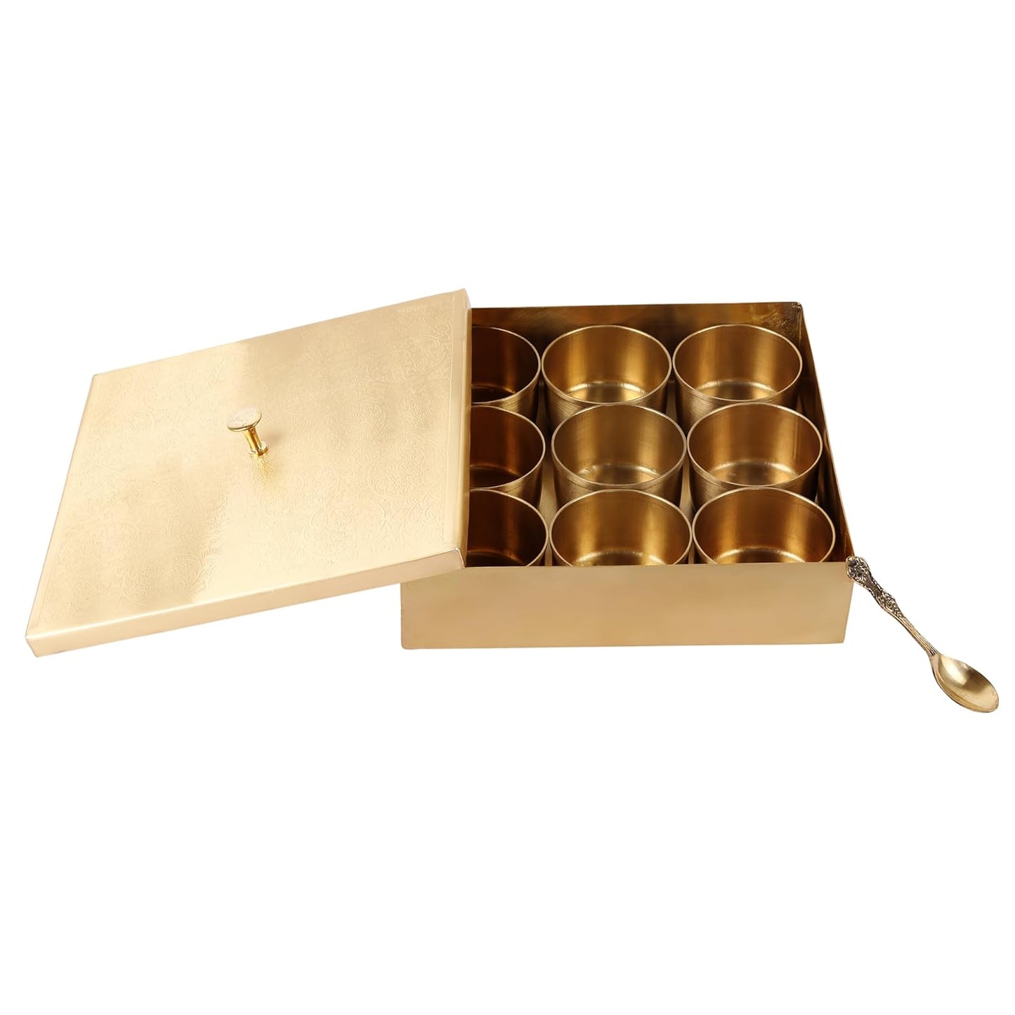 Mother copperware Bhojtal Brass Spice Box – Handcrafted Masala Dabba with 7 Containers (40ml Each) & Spoon | Traditional Brass Masala Box for Kitchen