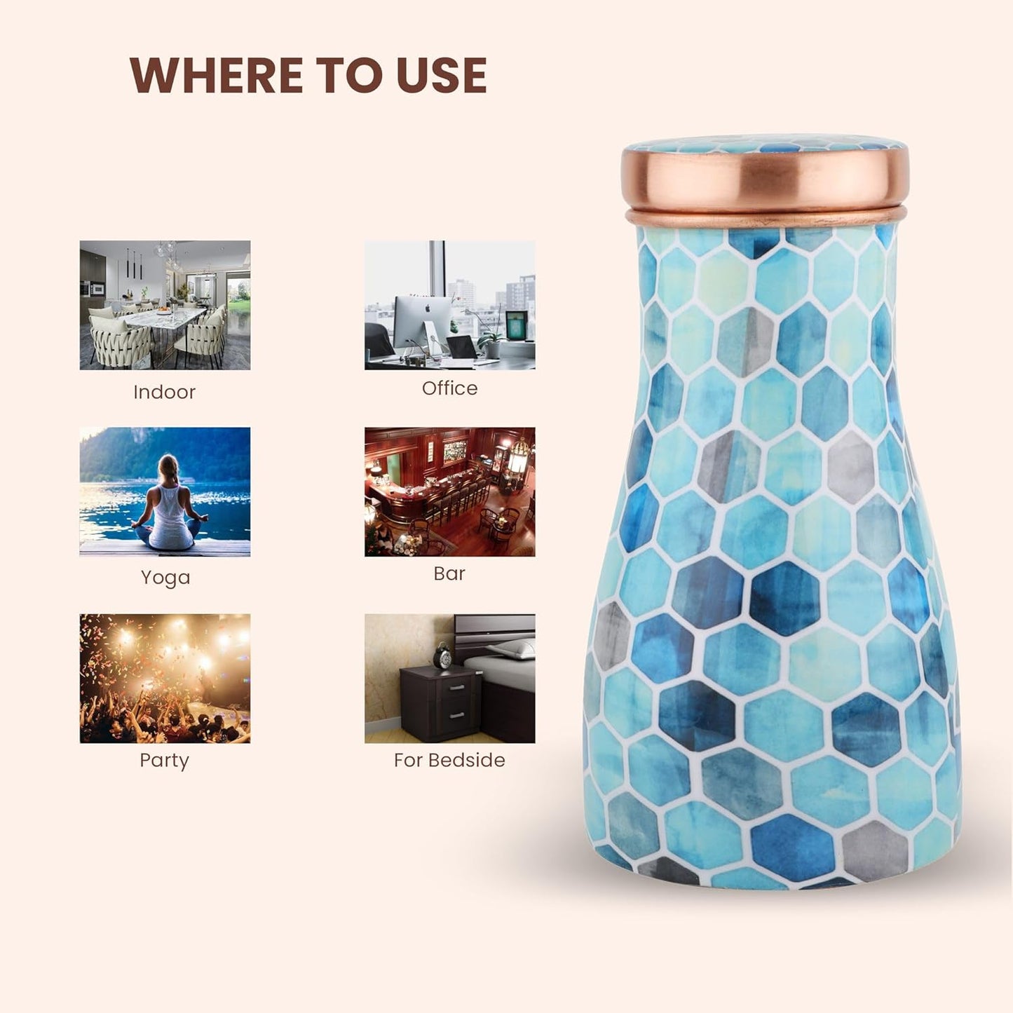 Mother Copperware Nile Pure Copper Carafe | Bedside Water Carafe | Carafe with Glass| Bedroom Jar | Bedside Carafes with Tumbler/Glass with Lid | with Lacqure Coating 1000 ML.