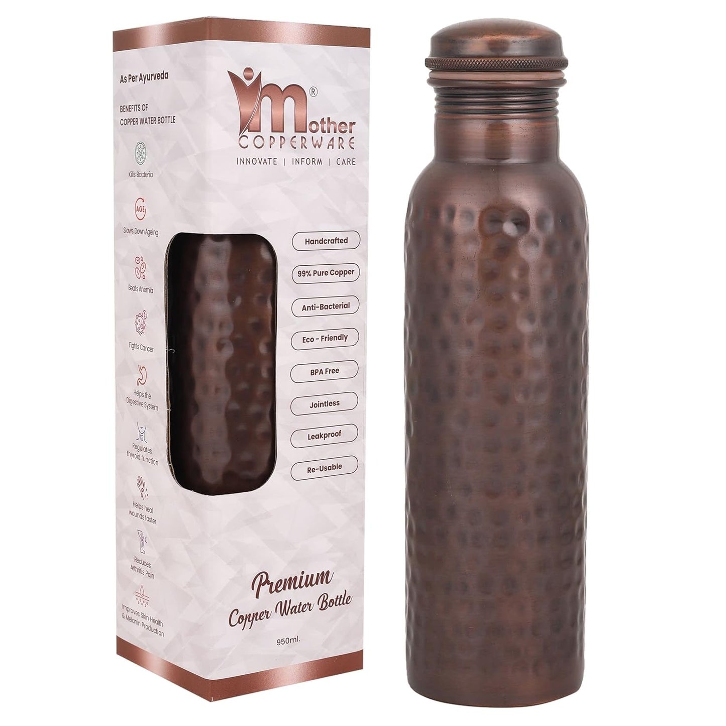 Mother Copperware Designer Copper Bottle, 950 ml, Copper | Leak Proof | Eco-Friendly|Office Bottle | Gym Bottle | Yoga Bottle | Home | Kitchen | Hiking | Treking Bottle | Travel Bottle