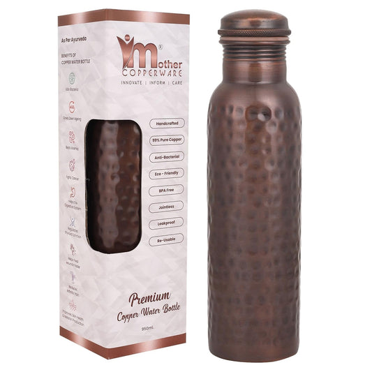 Mother Copperware Designer Copper Bottle, 950 ml, Copper | Leak Proof | Eco-Friendly|Office Bottle | Gym Bottle | Yoga Bottle | Home | Kitchen | Hiking | Treking Bottle | Travel Bottle