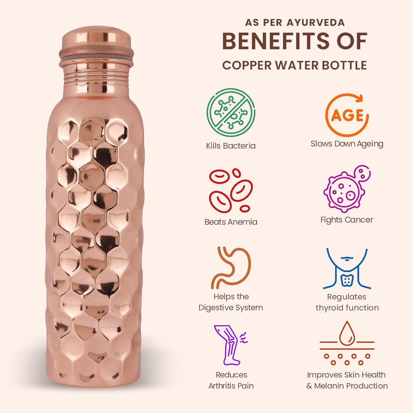 Mother Copperware Diamond Copper Bottle, 950 ml, 1 Piece, Copper | Leak Proof | Eco-Friendly | Office Bottle | Gym Bottle | Yoga Bottle | Home | Kitchen | Hiking | Travel Bottle