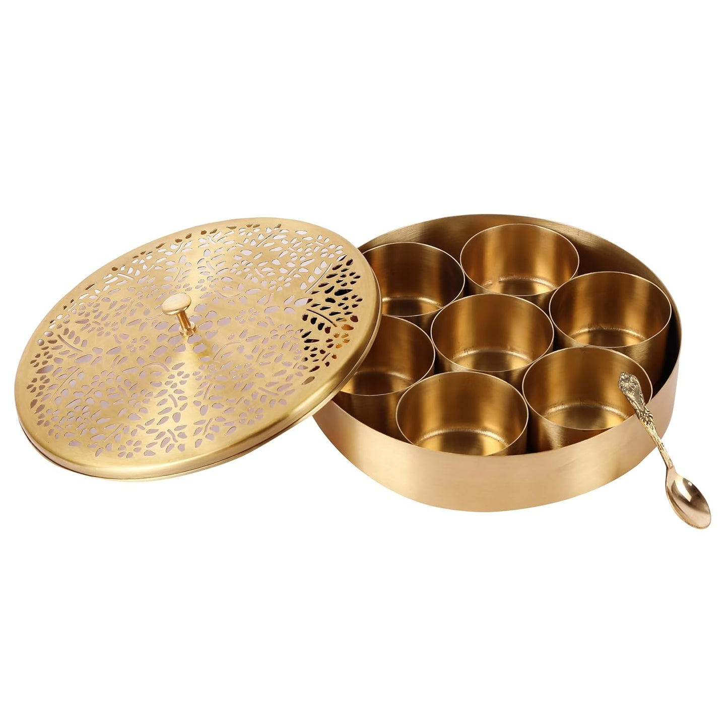Mother copperware Nainital Brass Spice Box – Handcrafted Masala Dabba with 7 Containers (40ml Each) & Spoon | Traditional Brass Masala Box for Kitchen