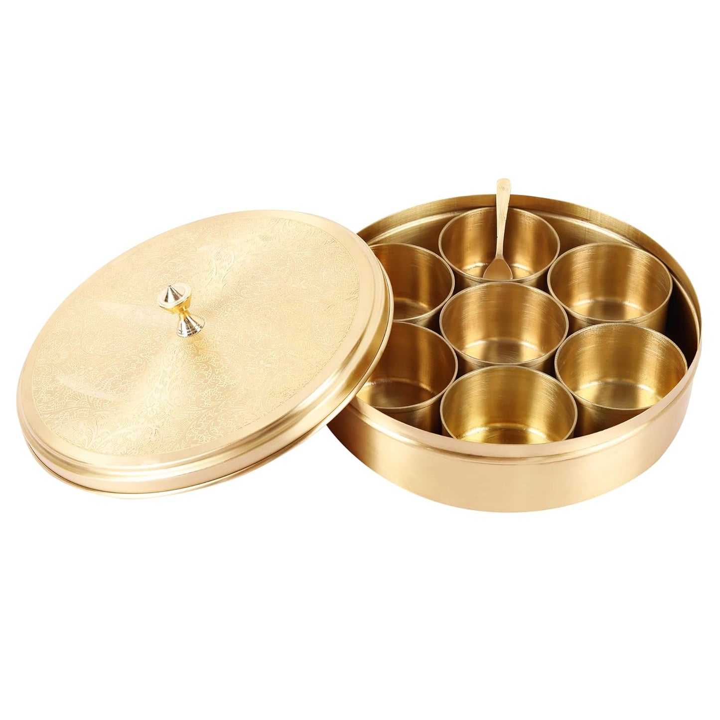 Mother copperware Wular Brass Spice Box – Handcrafted Masala Dabba with 7 Containers (40ml Each) & Spoon | Traditional Brass Masala Box for Kitchen
