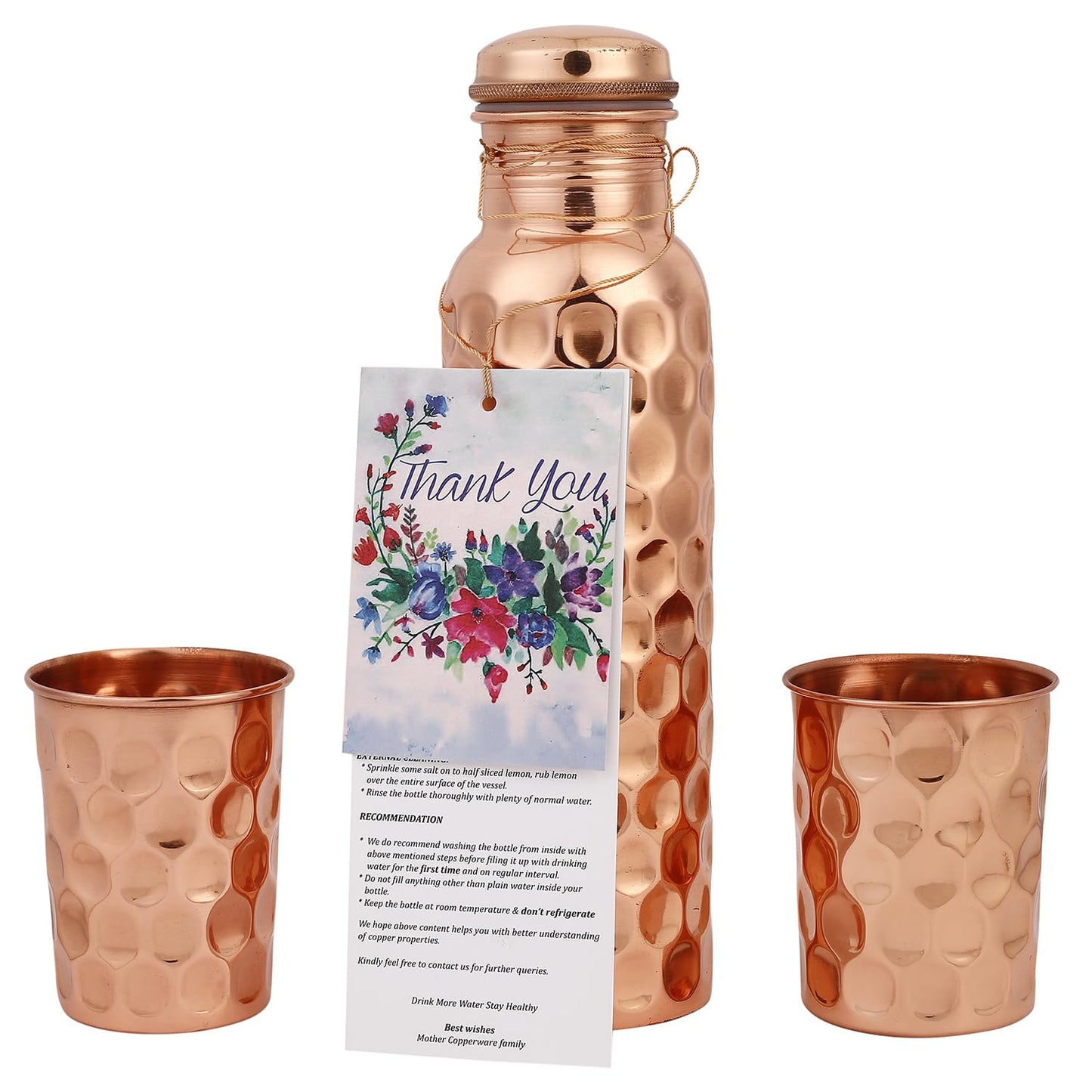 Mother Copperware Diamond Copper Bottle Gift Set with 2 Copper Glasses with Ayurvedic Health Benefits Used for Household and Gifting Purposes.