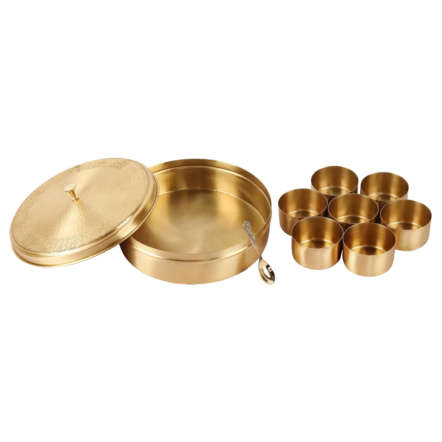 Mother copperware Pulikat Brass Spice Box – Handcrafted Masala Dabba with 7 Containers (40ml Each) & Spoon |