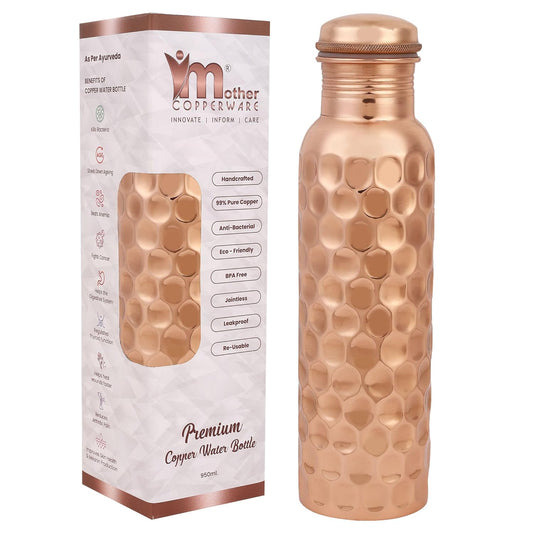 Mother Copperware Diamond Copper Bottle, 950 ml, 1 Piece, Copper | Leak Proof | Eco-Friendly | Office Bottle | Gym Bottle | Yoga Bottle | Home | Kitchen | Hiking | Travel Bottle