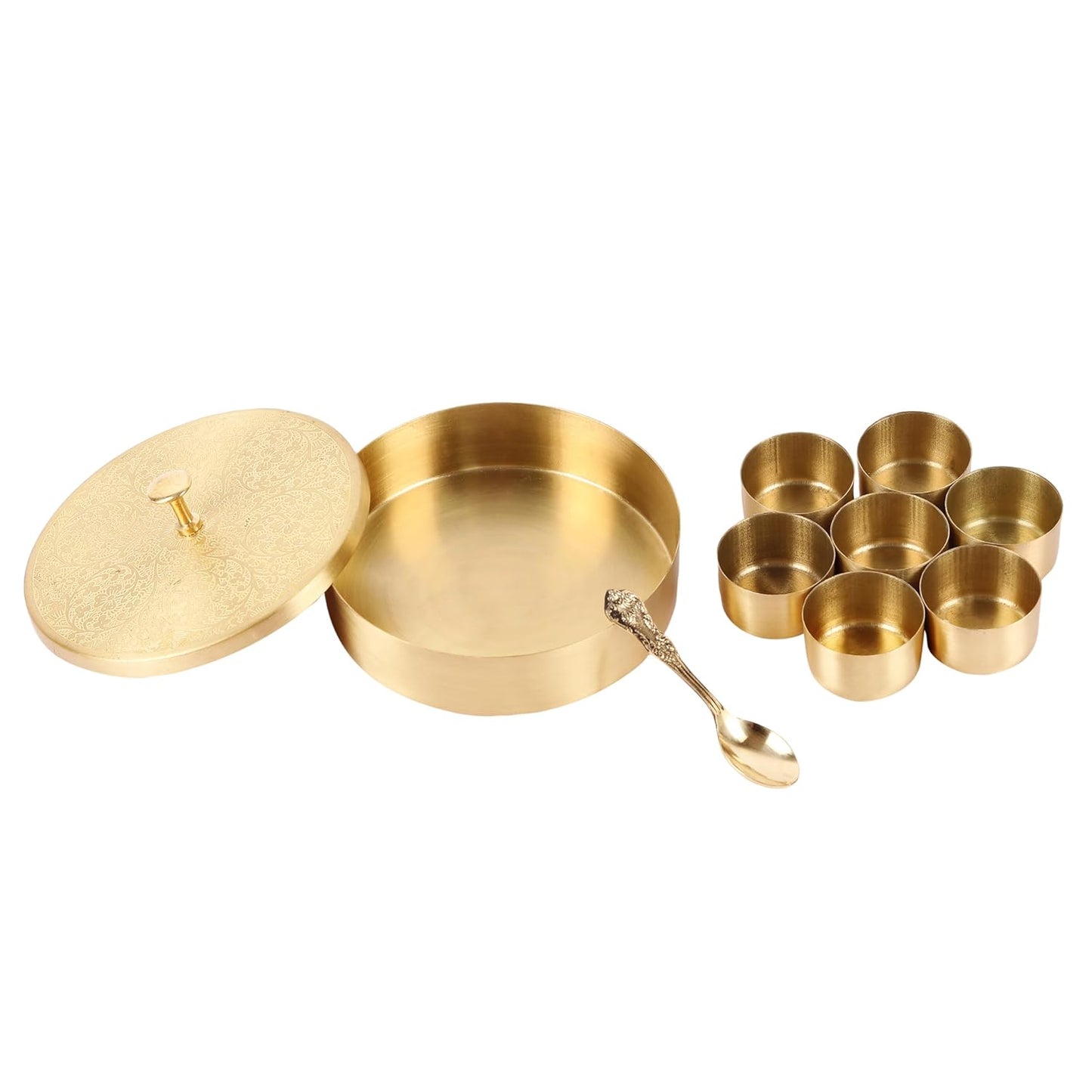 Mother copperware Lunar Brass Spice Box Handcrafted Brass Spice Box Set For Kitchen With Spoon (7 Containers, 40 ML) - Masala Container Masala Dabba. (Lunar Brass Spice Box)
