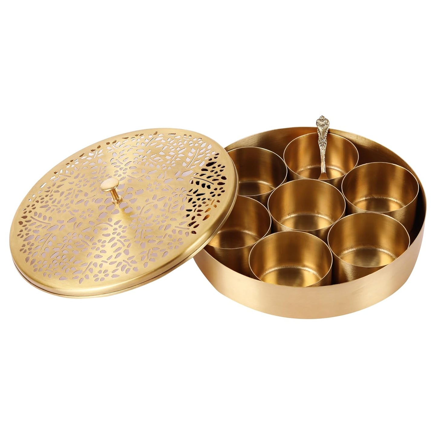 Mother copperware Nainital Brass Spice Box – Handcrafted Masala Dabba with 7 Containers (40ml Each) & Spoon | Traditional Brass Masala Box for Kitchen