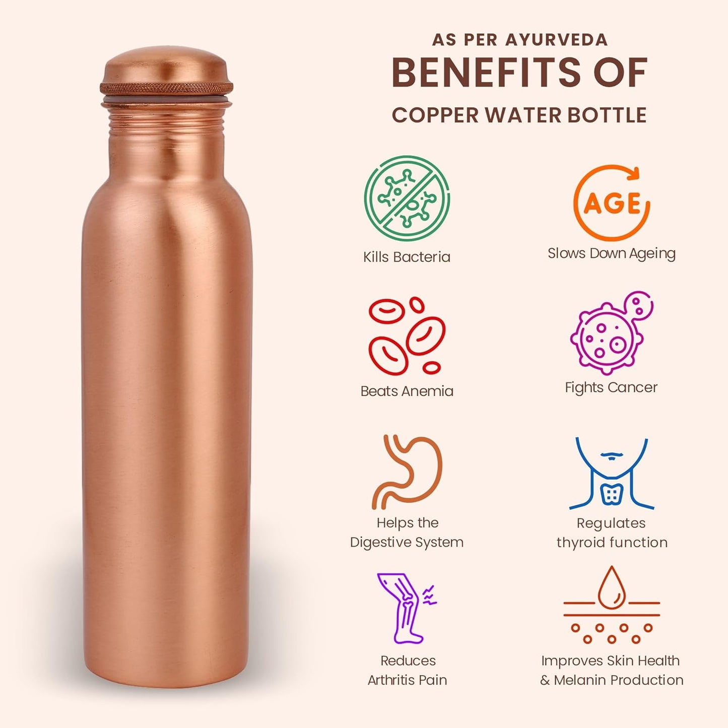 Mother Copperware Godavari Pure Copper Water Bottle -950ml I Leak-Proof, Ayurvedic Health Benefit Copper,Eco-Friendly Metal.
