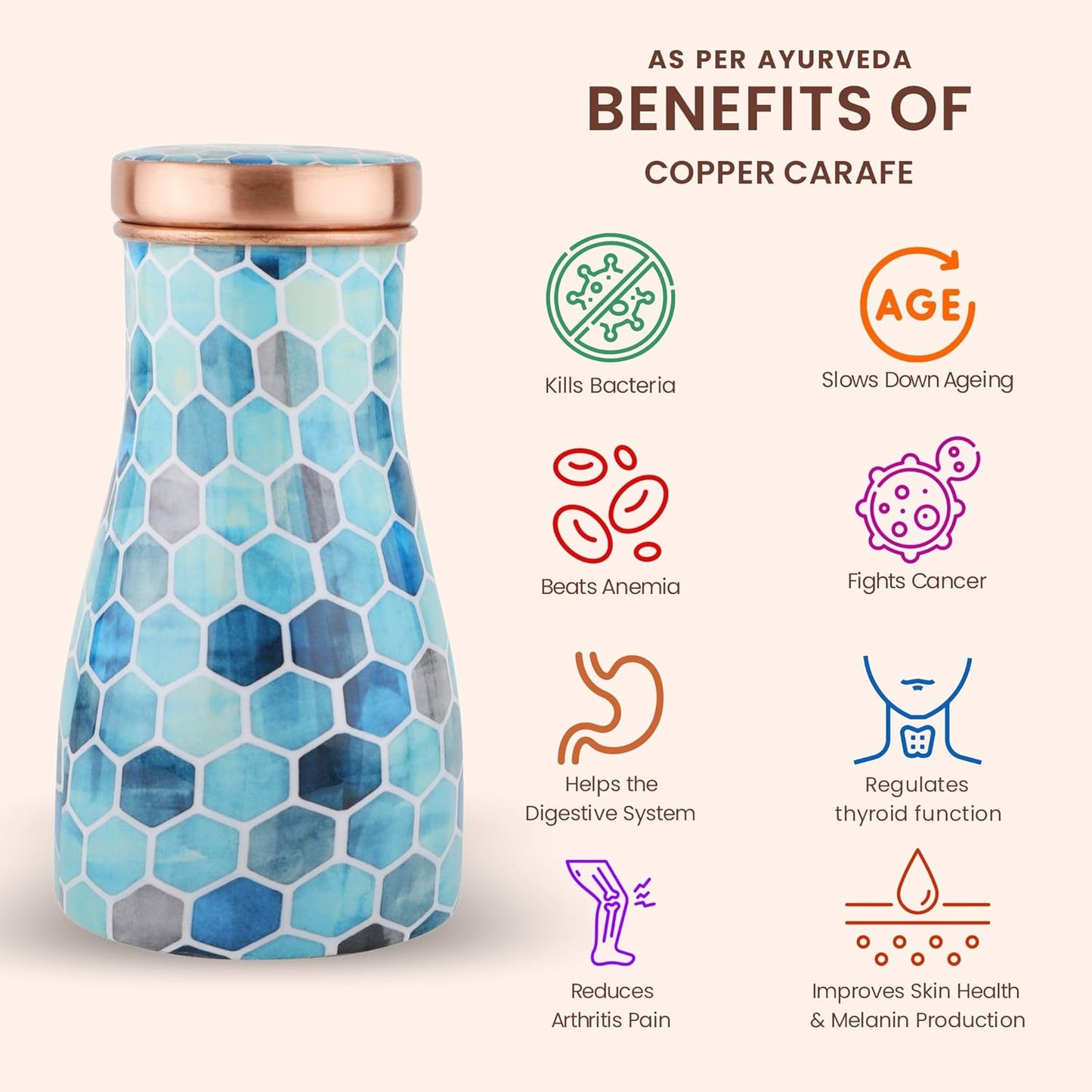 Mother Copperware Nile Pure Copper Carafe | Bedside Water Carafe | Carafe with Glass| Bedroom Jar | Bedside Carafes with Tumbler/Glass with Lid | with Lacqure Coating 1000 ML.