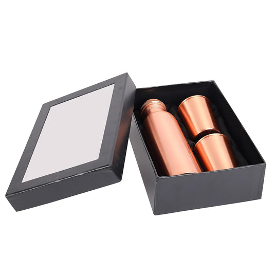 Mother copperware Copper Bottle Gift Set with 2 Copper Glasses with Ayurvedic Health Benefits Used for Household and Gifting Purposes.