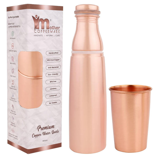 Mother copperware Mount Everest Copper Bottle, 950 ml, 1 Piece, Copper | Leak Proof | Office Bottle | Gym Bottle | Yoga Bottle | Home | Kitchen | Hiking | Treking Bottle | Travel Bottle.