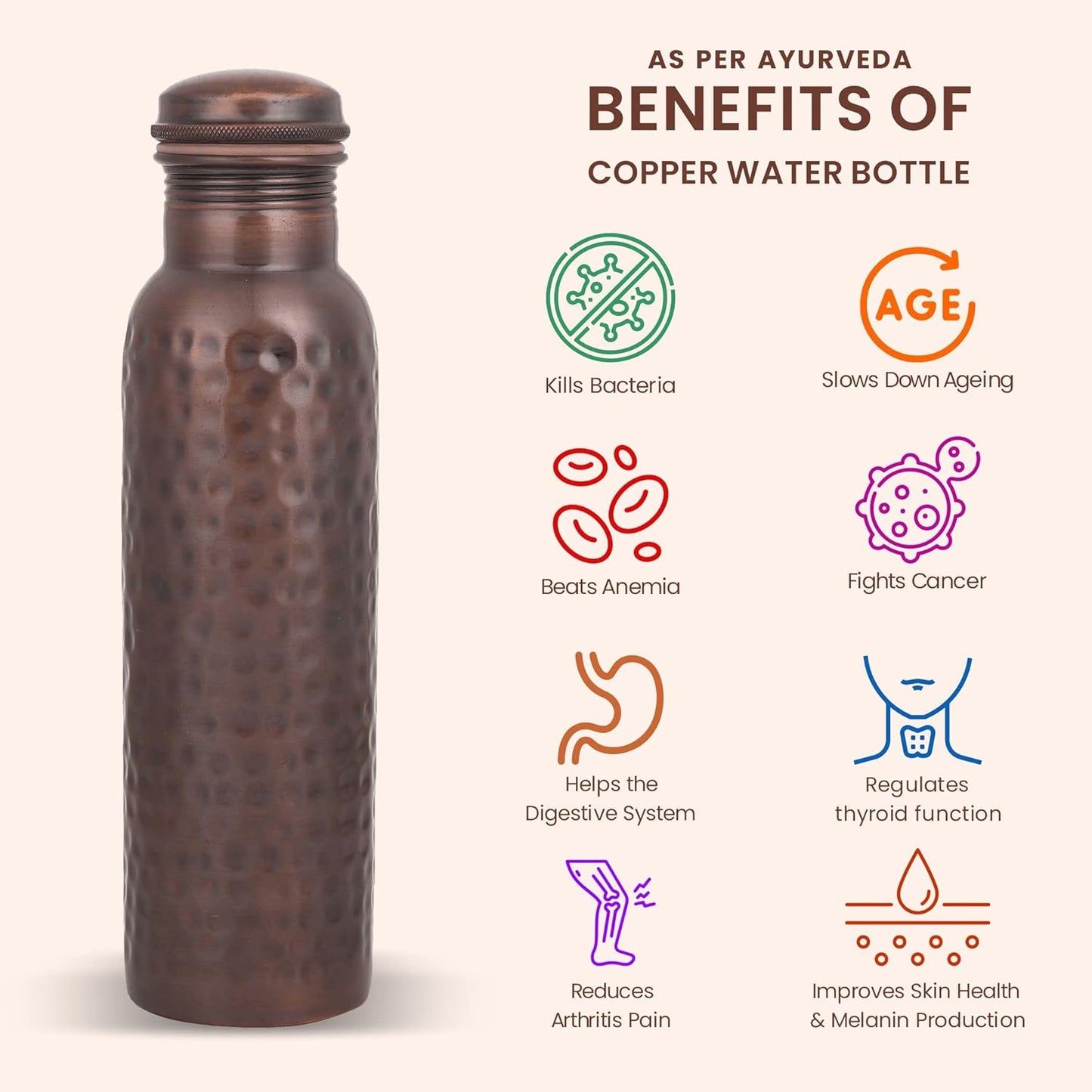Mother Copperware Designer Copper Bottle, 950 ml, Copper | Leak Proof | Eco-Friendly|Office Bottle | Gym Bottle | Yoga Bottle | Home | Kitchen | Hiking | Treking Bottle | Travel Bottle