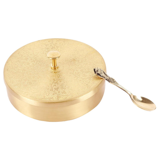 Mother copperware Lunar Brass Spice Box Handcrafted Brass Spice Box Set For Kitchen With Spoon (7 Containers, 40 ML) - Masala Container Masala Dabba. (Lunar Brass Spice Box)