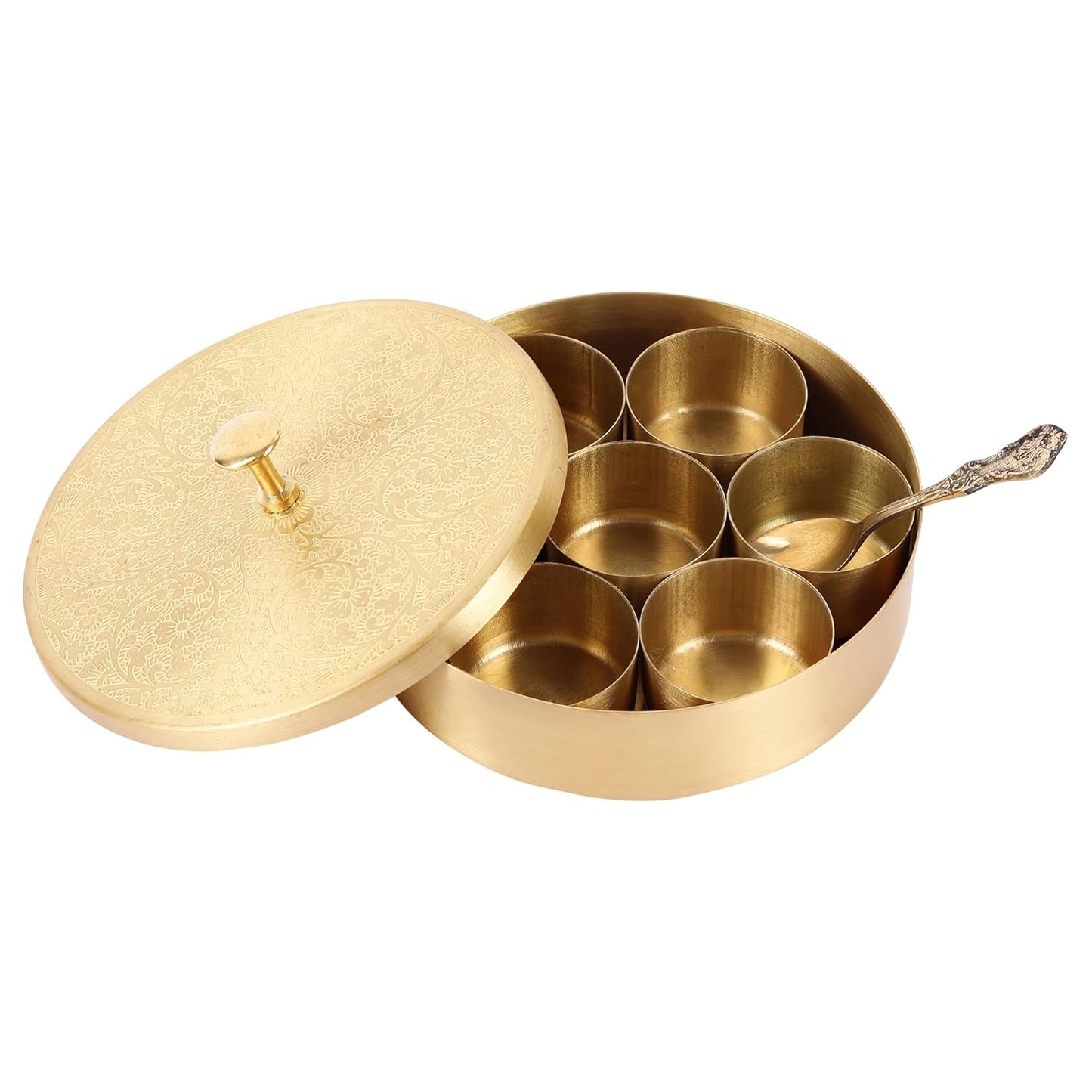 Mother copperware Lunar Brass Spice Box Handcrafted Brass Spice Box Set For Kitchen With Spoon (7 Containers, 40 ML) - Masala Container Masala Dabba. (Lunar Brass Spice Box)