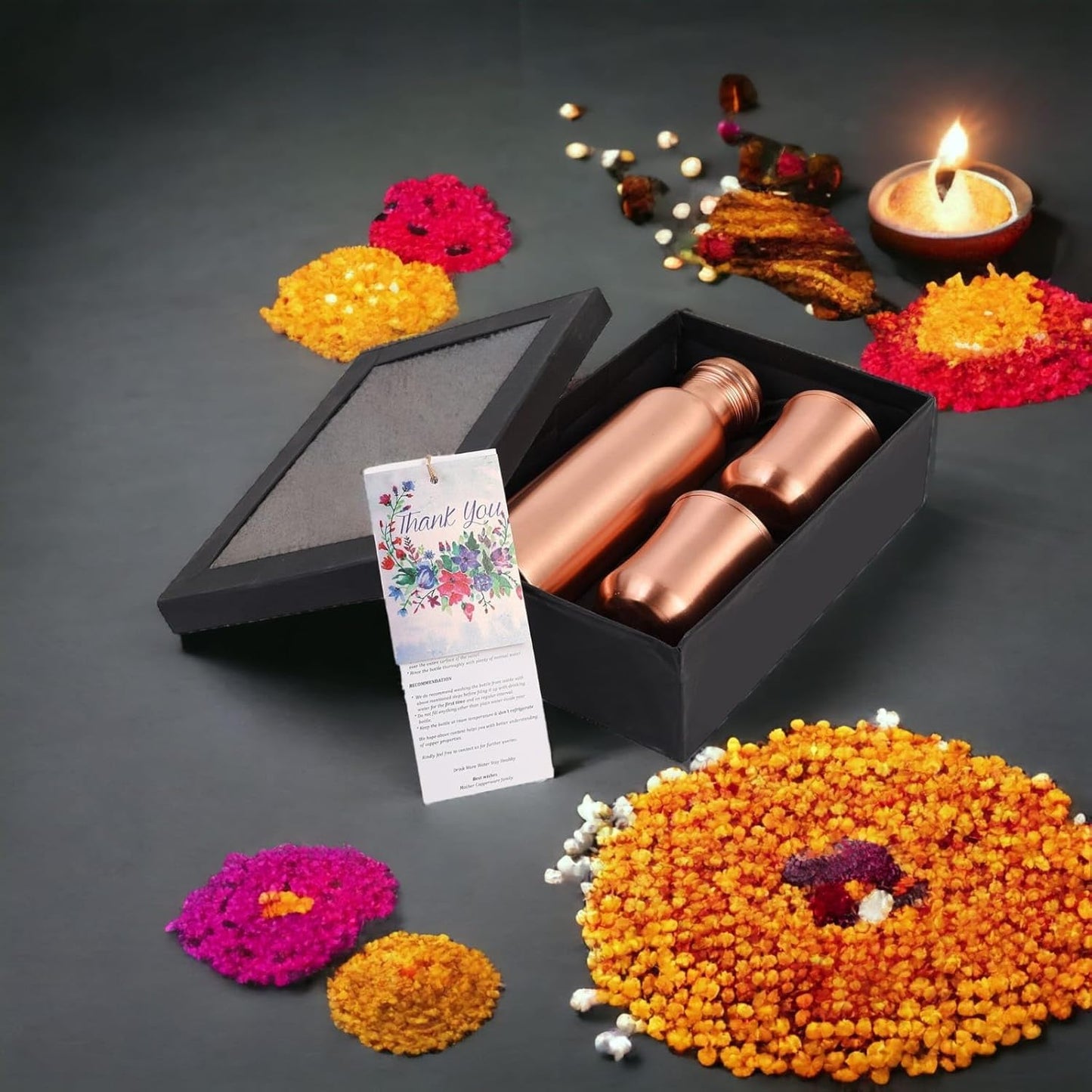 Mother copperware Curved Glass Bottle Gift Set with 2 Copper Glasses with Ayurvedic Health Benefits Used for Household and Gifting Purposes.Diwali Gift Sets