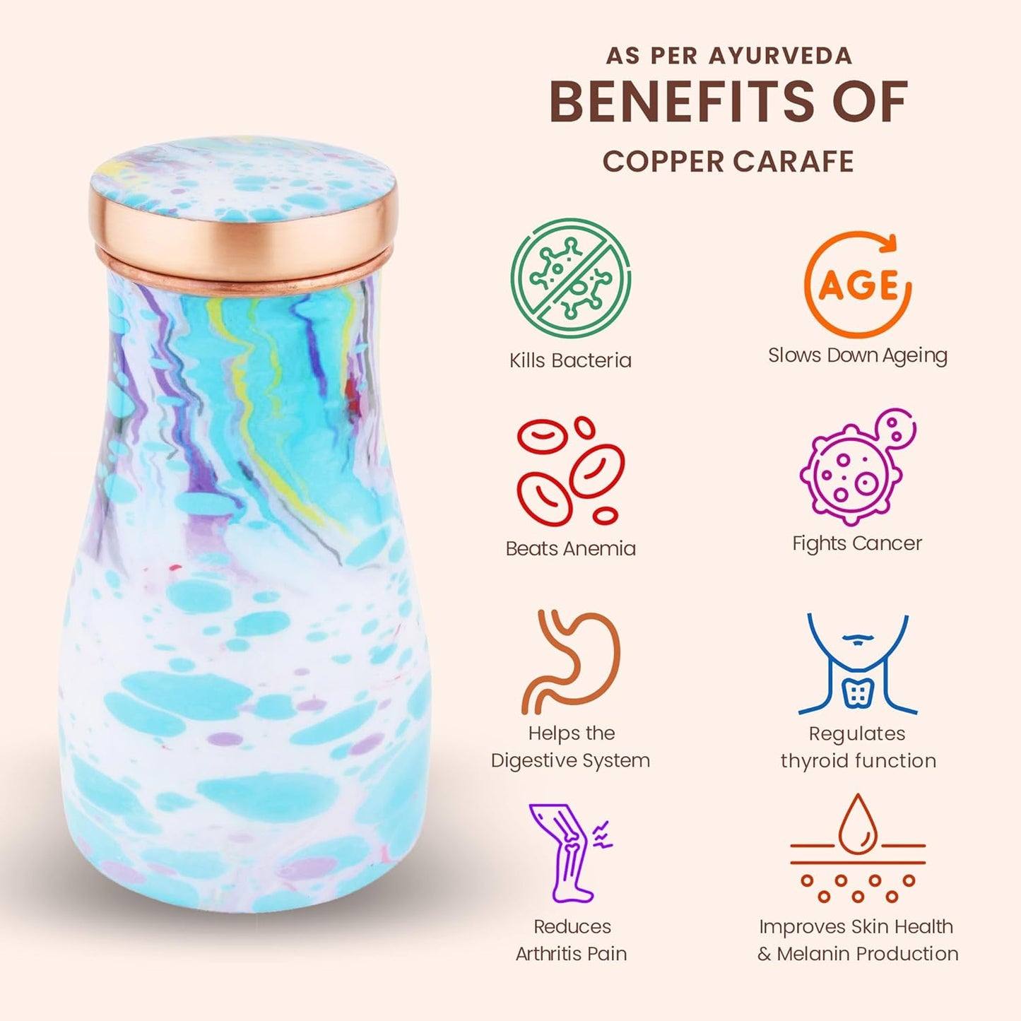 Mother Copperware Thames Pure Copper Carafe | Bedside Water Carafe | Carafe with Glass| Bedroom Jar | Bedside Carafes with Tumbler/Glass with Lid | with Lacqure Coating 1000 ML.