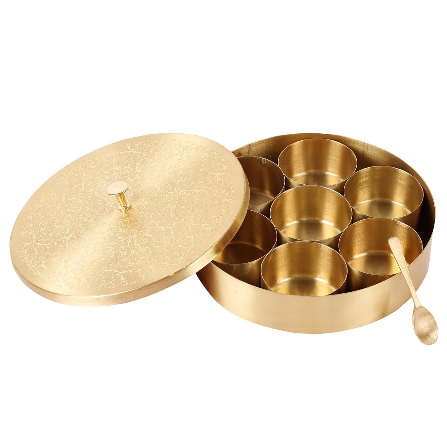 Mother copperware Chilika Brass Spice Box – Handcrafted Masala Dabba with 7 Containers (40ml Each) & Spoon | Traditional Brass Masala Box for Kitchen