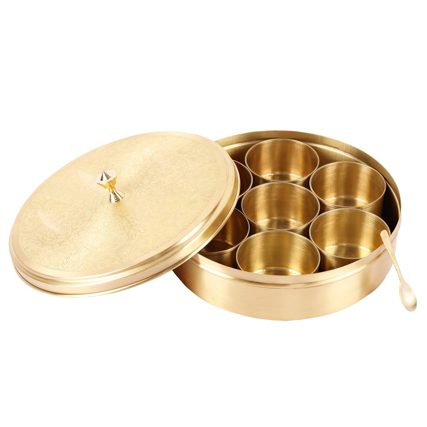 Mother copperware Wular Brass Spice Box – Handcrafted Masala Dabba with 7 Containers (40ml Each) & Spoon | Traditional Brass Masala Box for Kitchen