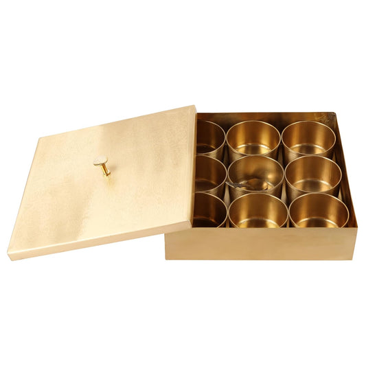 Mother copperware Bhojtal Brass Spice Box – Handcrafted Masala Dabba with 7 Containers (40ml Each) & Spoon | Traditional Brass Masala Box for Kitchen