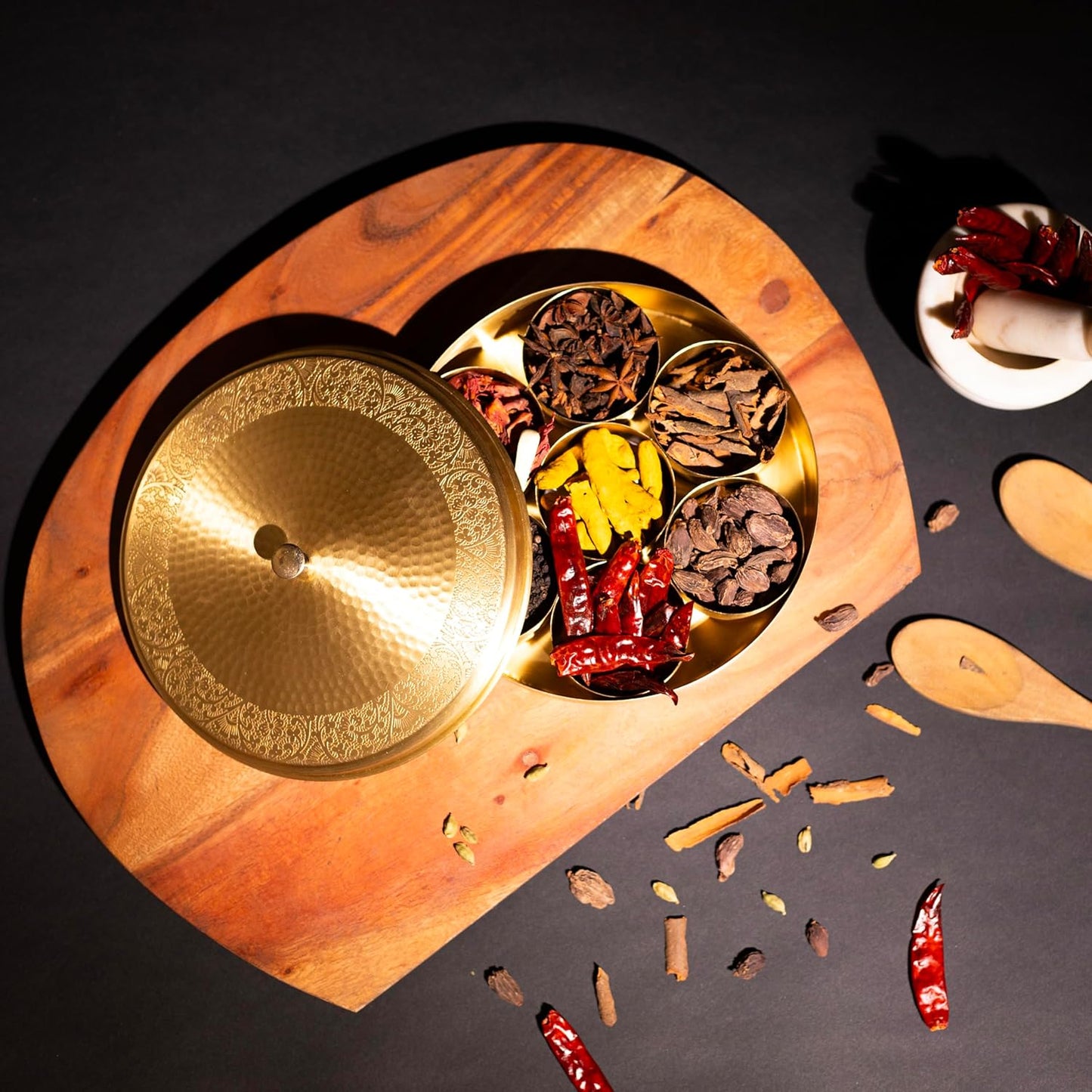 Mother copperware Pulikat Brass Spice Box – Handcrafted Masala Dabba with 7 Containers (40ml Each) & Spoon |