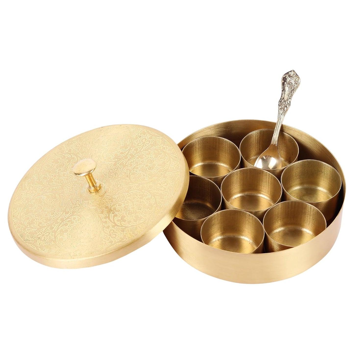 Mother copperware Lunar Brass Spice Box Handcrafted Brass Spice Box Set For Kitchen With Spoon (7 Containers, 40 ML) - Masala Container Masala Dabba. (Lunar Brass Spice Box)