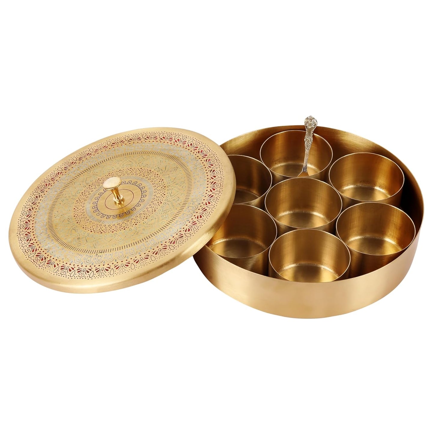 Mother copperware Pichola Brass Spice Box – Handcrafted Masala Dabba with 7 Containers (40ml Each) & Spoon | Traditional Brass Masala Box for Kitchen