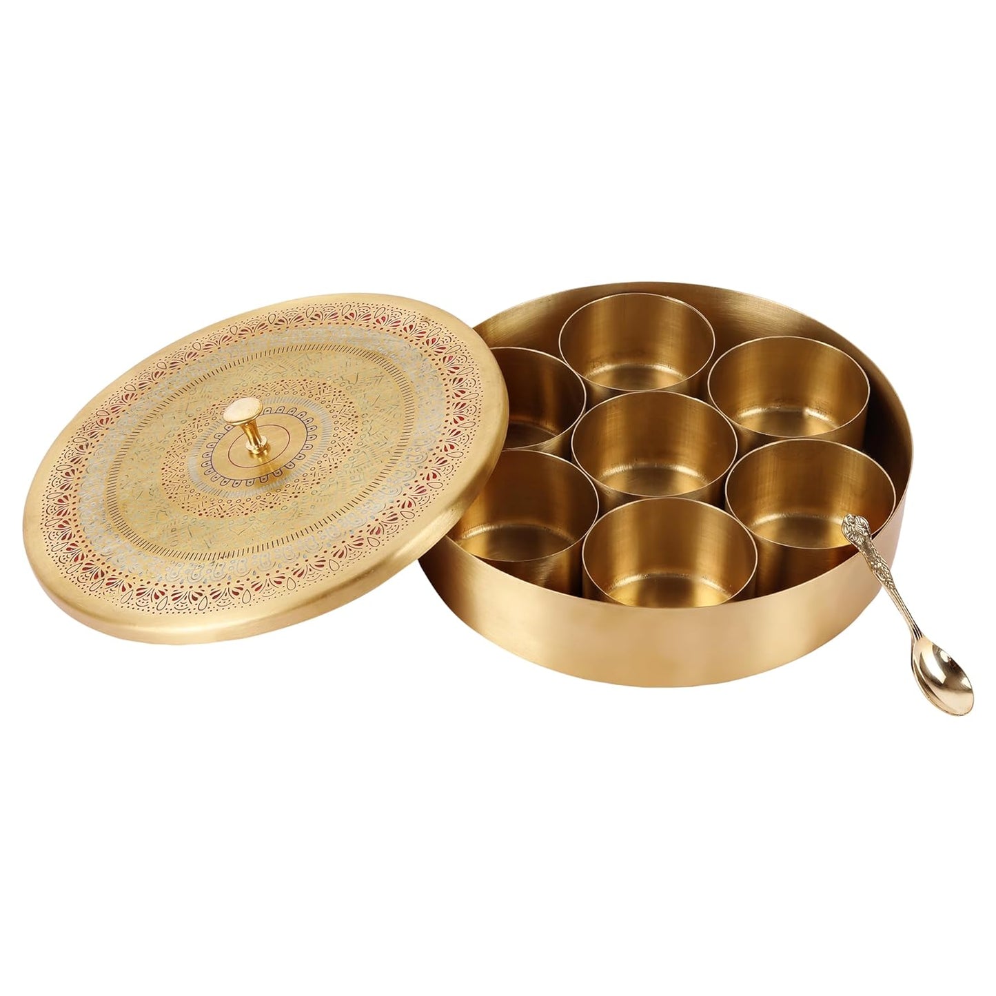 Mother copperware Pichola Brass Spice Box – Handcrafted Masala Dabba with 7 Containers (40ml Each) & Spoon | Traditional Brass Masala Box for Kitchen