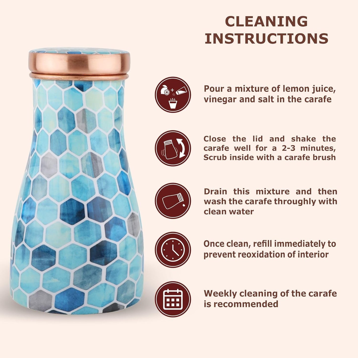 Mother Copperware Nile Pure Copper Carafe | Bedside Water Carafe | Carafe with Glass| Bedroom Jar | Bedside Carafes with Tumbler/Glass with Lid | with Lacqure Coating 1000 ML.