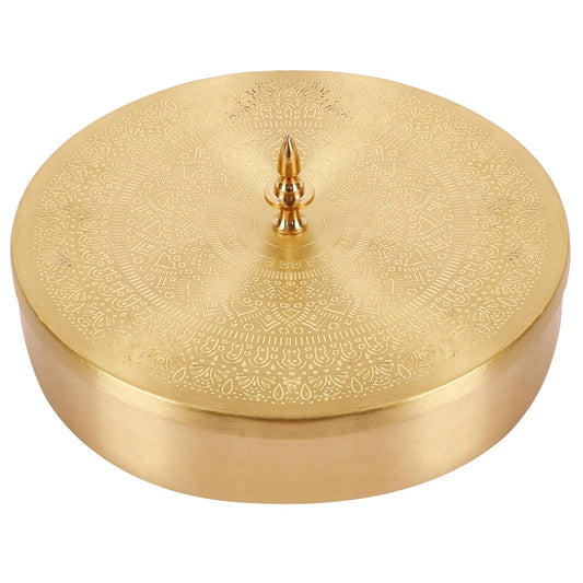 Mother copperware Bhimtal Brass Spice Box Handcrafted Brass Spice Box Set For Kitchen With Spoon (7 Containers, 40 ML) - Masala Container Masala Dabba. (Bhimtal Brass Spice Box)