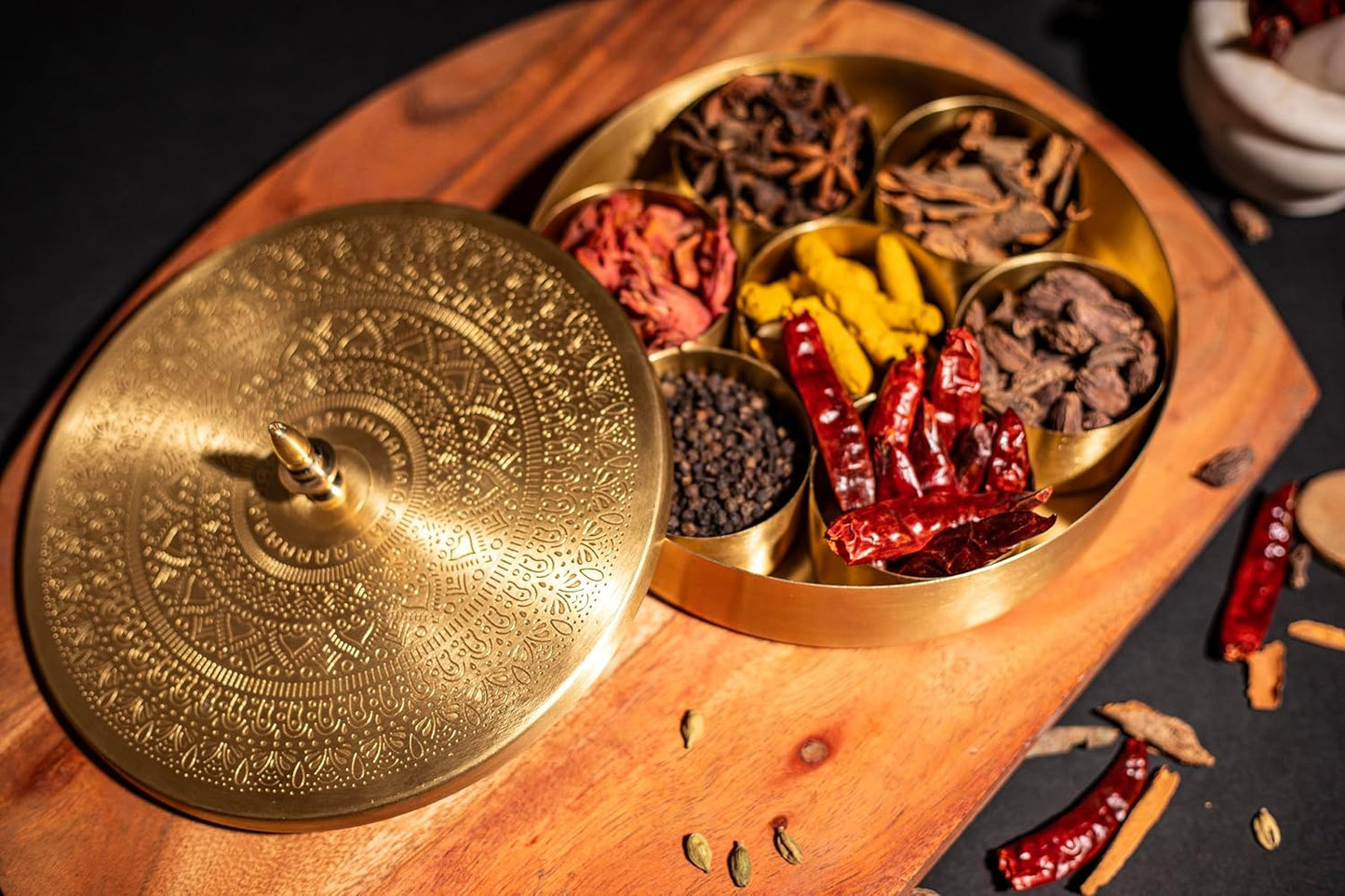 Mother copperware Bhimtal Brass Spice Box Handcrafted Brass Spice Box Set For Kitchen With Spoon (7 Containers, 40 ML) - Masala Container Masala Dabba. (Bhimtal Brass Spice Box)
