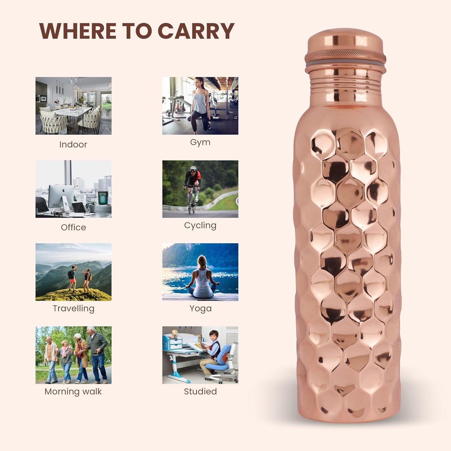 Mother Copperware Diamond Copper Bottle, 950 ml, 1 Piece, Copper | Leak Proof | Eco-Friendly | Office Bottle | Gym Bottle | Yoga Bottle | Home | Kitchen | Hiking | Travel Bottle
